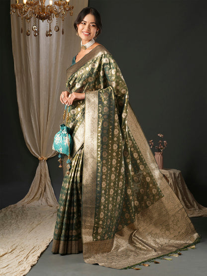 Women's Organza Blue Woven Design Designer Saree With Blouse Piece