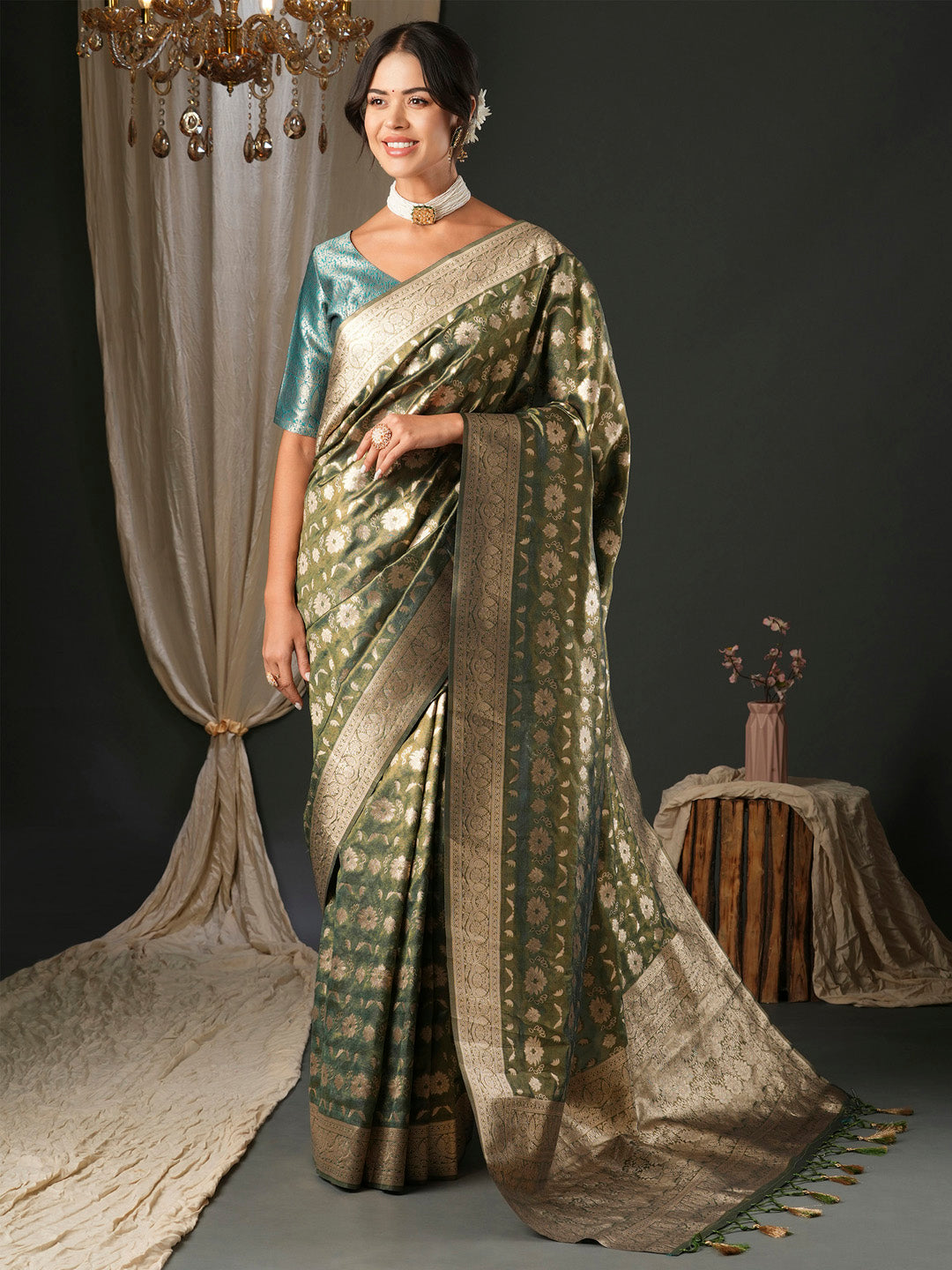Women's Organza Blue Woven Design Designer Saree With Blouse Piece