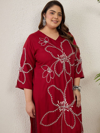 Plus Size Maroon Embroidered Straight Kurta Palazzos Set