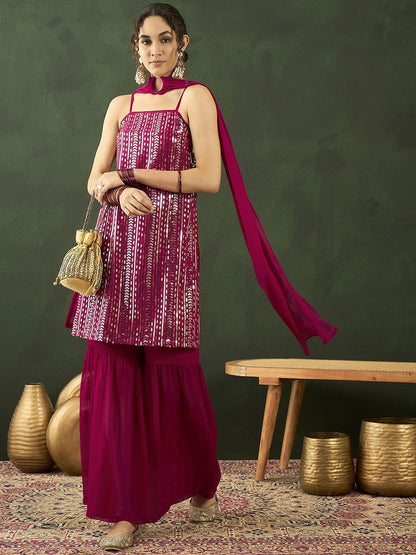 Dhiyona SN Sequenced With Embroidered Kurta & Sharara With Dupatta