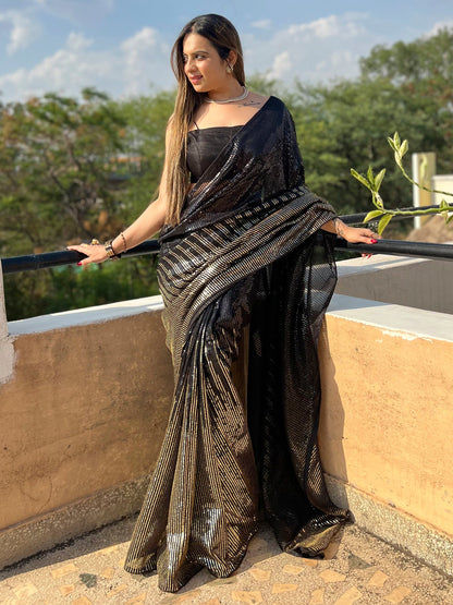 Women's Georgette Black Embellished Designer Saree With Blouse Piece