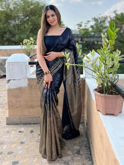 Women's Georgette Black Embellished Designer Saree With Blouse Piece