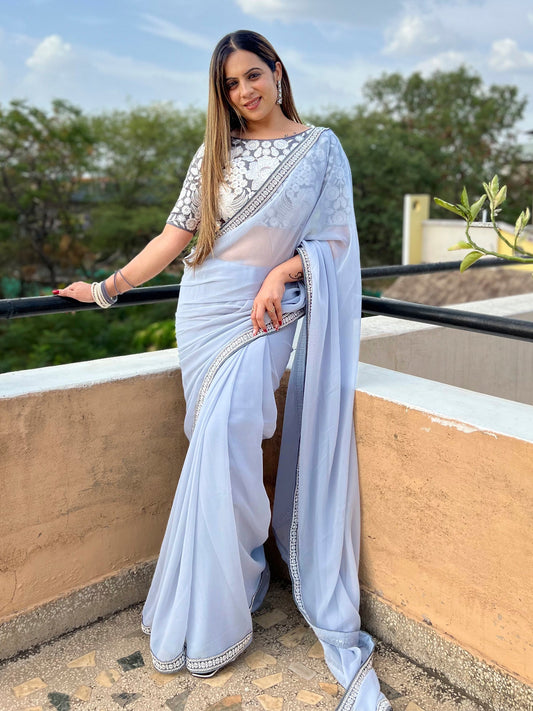 Women's Georgette Grey Embellished Designer Saree With Blouse Piece