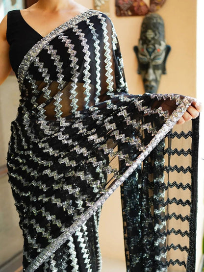 Women's Georgette Black Embellished Designer Saree With Blouse Piece