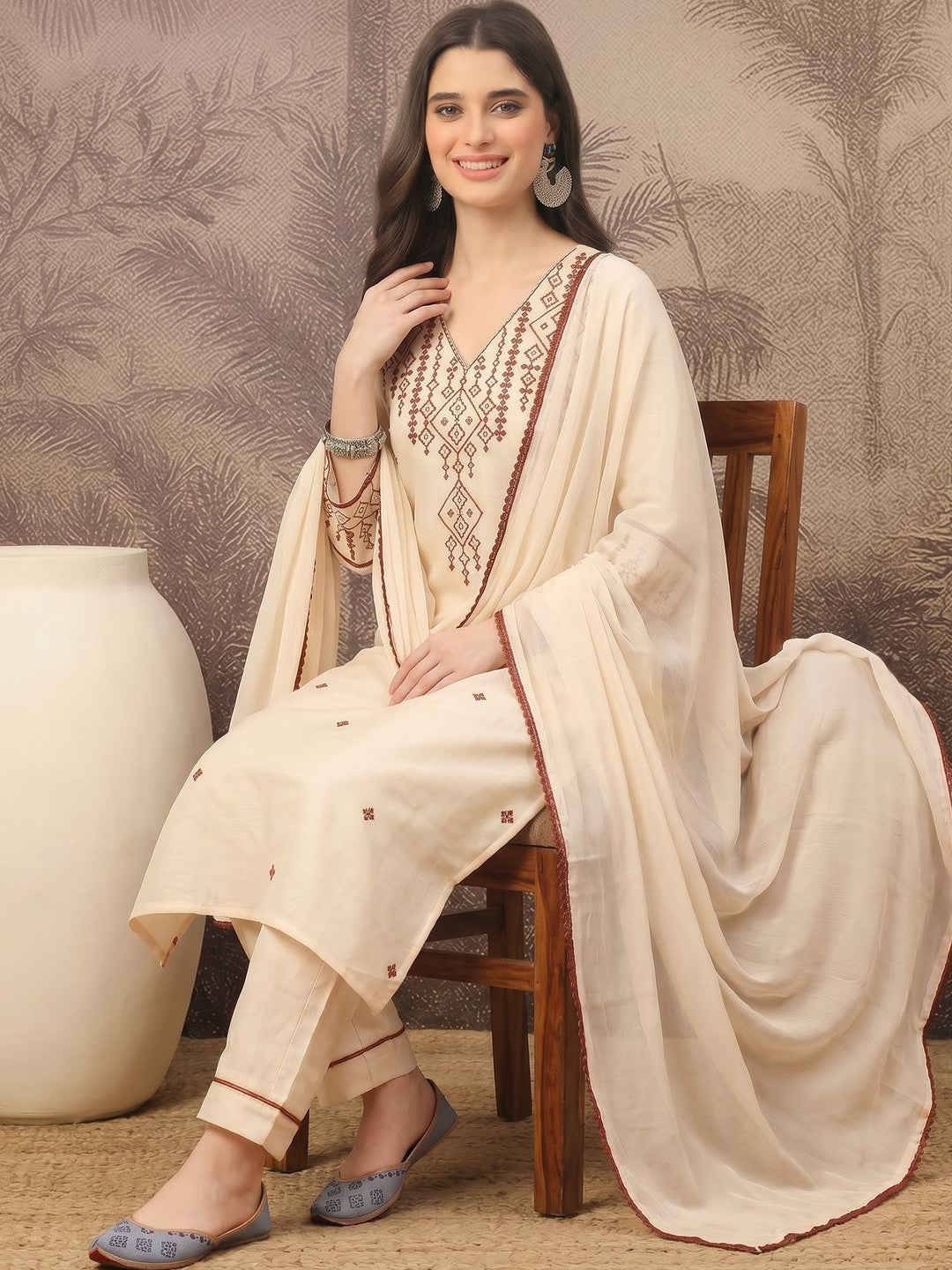 Women Embroidered Regular Pure Cotton Kurta with Trousers & With Dupatta