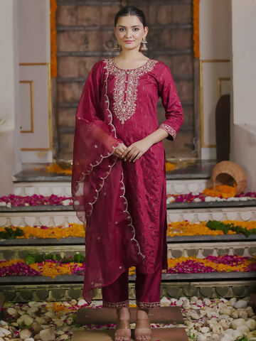 Women's Maroon Embroidered Straight Kurta Trousers With Dupatta set