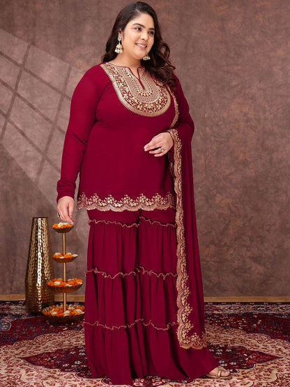 Dhiyona IN Floral Yoke Design Thread Work Georgette Straight Kurta With Sharara & Dupatta