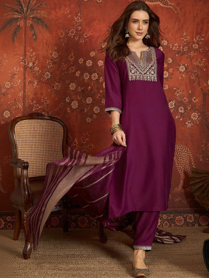 Women Ethnic Motifs Embroidered Regular Thread Work Kurta with Trousers & With Dupatta