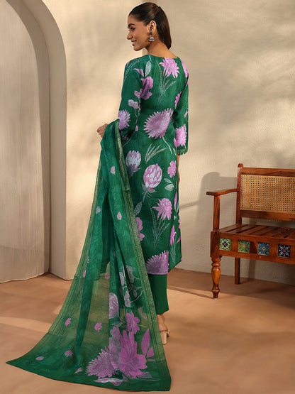 Green Printed Linen Straight Suit Set With Dupatta