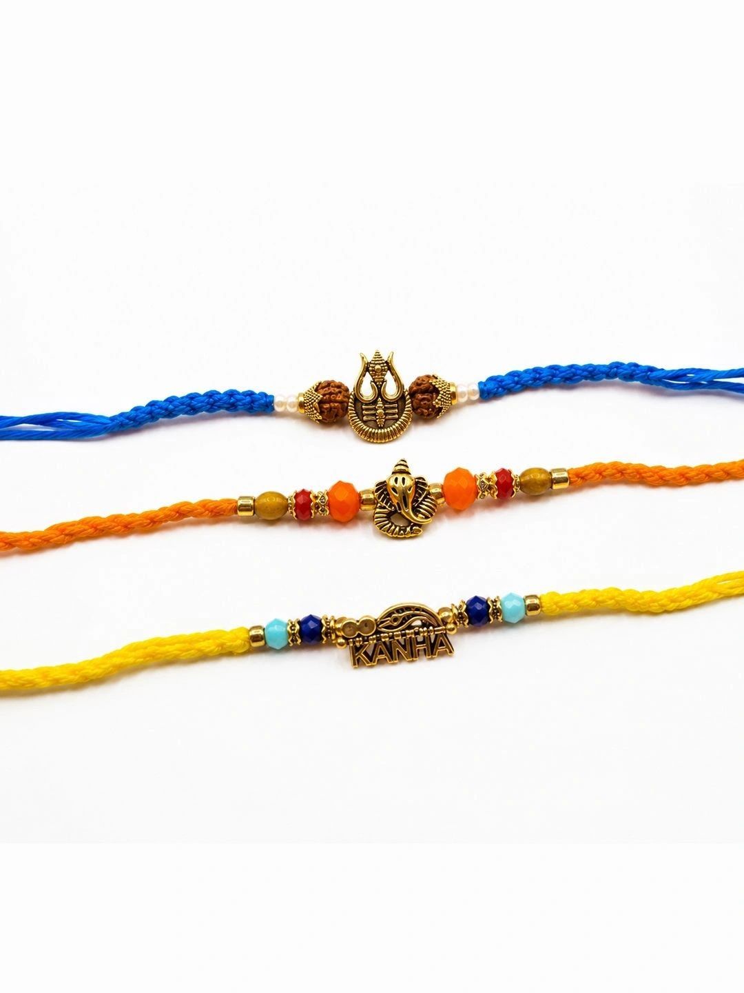 Dhiyona Set Of 3 Rudraksh Religious Rakhi Thread Rakhi Roli Chawal Chandan Mishri