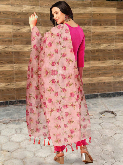 Dhiyona KL Striped Keyhole Neck Straight Kurta With Trousers & Dupatta