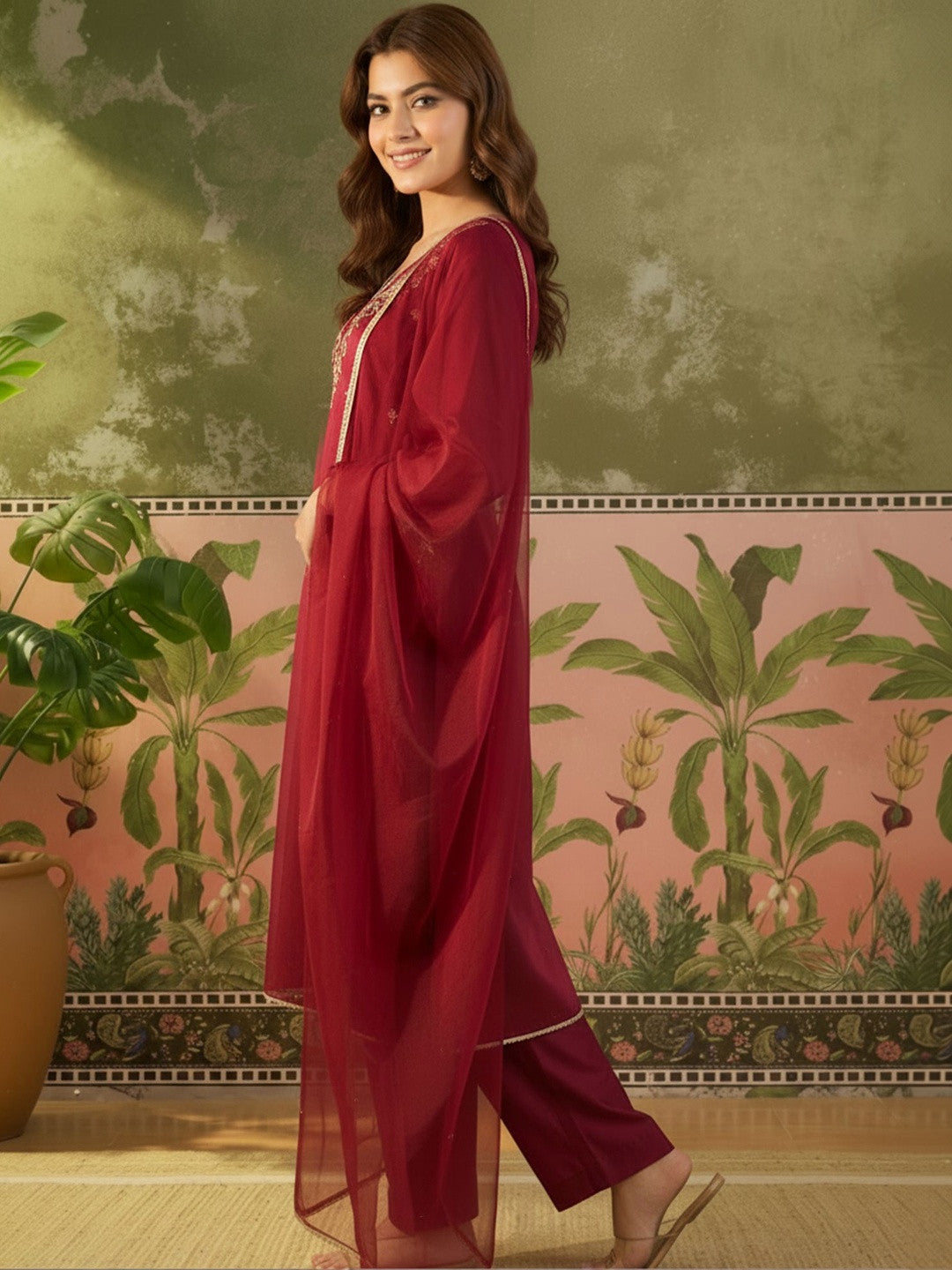 Embroidered Round Neck Kurta & Trousers With Dupatta