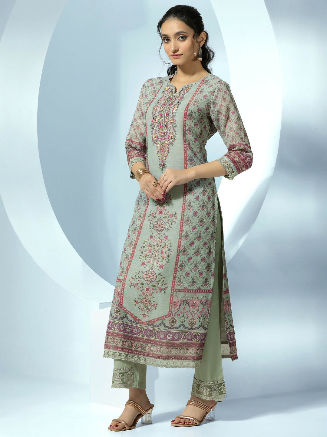 Women's LB Grey Printed Linen Straight Suit With Dupatta