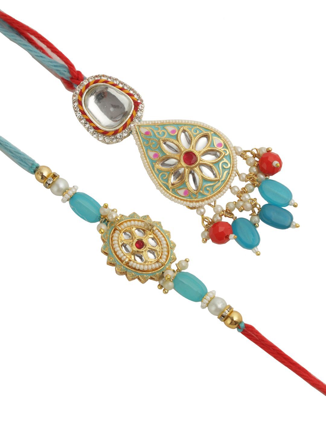 Dhiyona Bhaiya Bhabhi Kundan Studded Enameled Thread Rakhi With Roli Chawal & Greetings Card