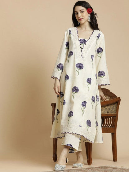 Women's Floral Printed Bell Sleeves Thread Work Pure Cotton A-Line Kurta With Palazzos