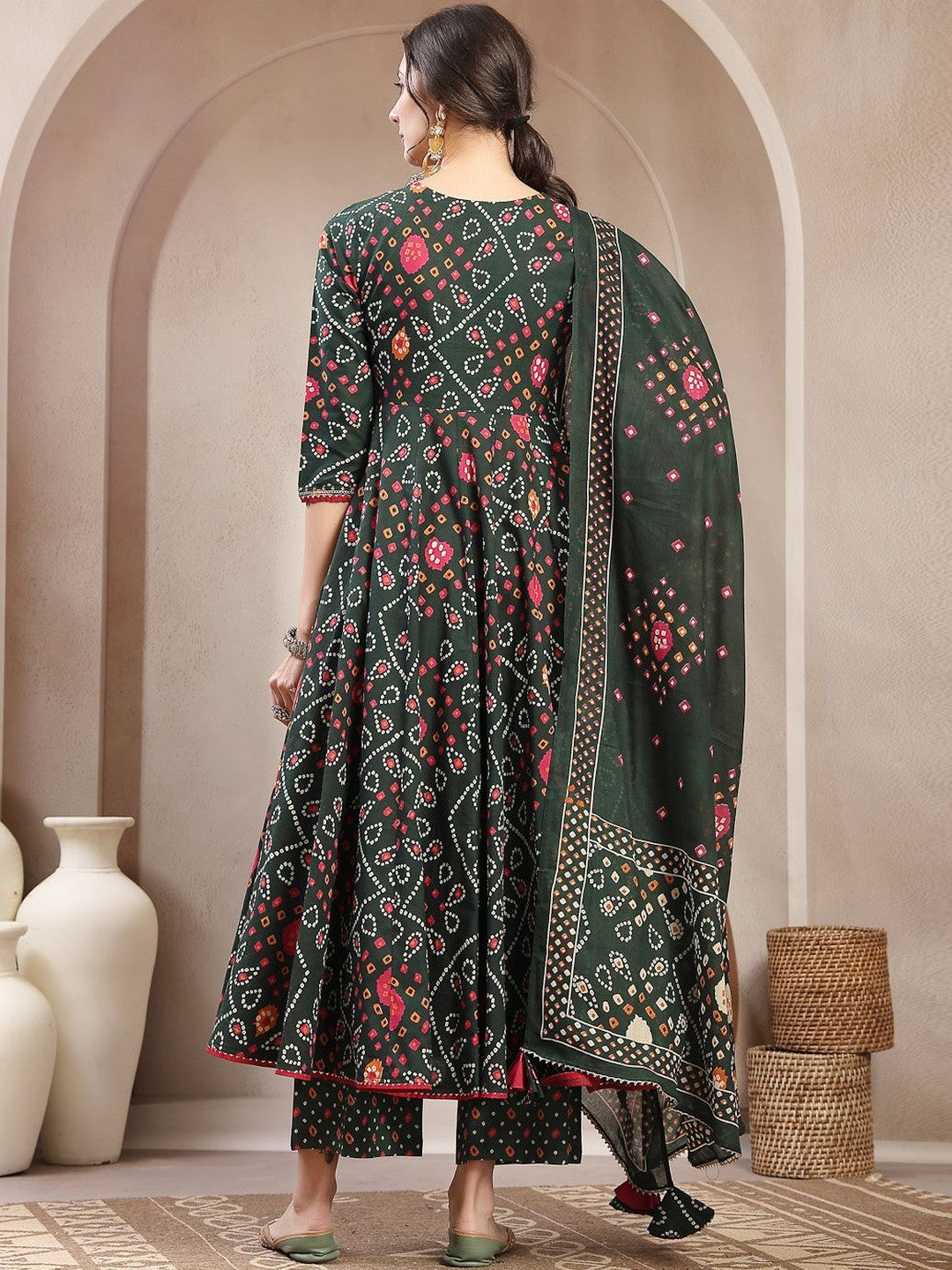 Printed Cotton V-Neck Kurta & Palazzos With Dupatta