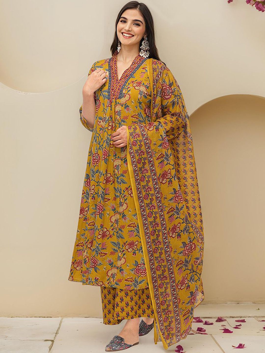 Dhiyona IS Women's Floral Printed Pure Cotton A-line Kurta With Trousers & Dupatta
