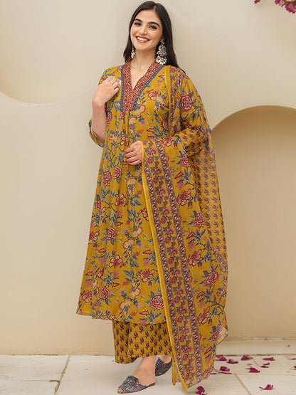 Dhiyona IS Women's Floral Printed Pure Cotton A-line Kurta With Trousers & Dupatta