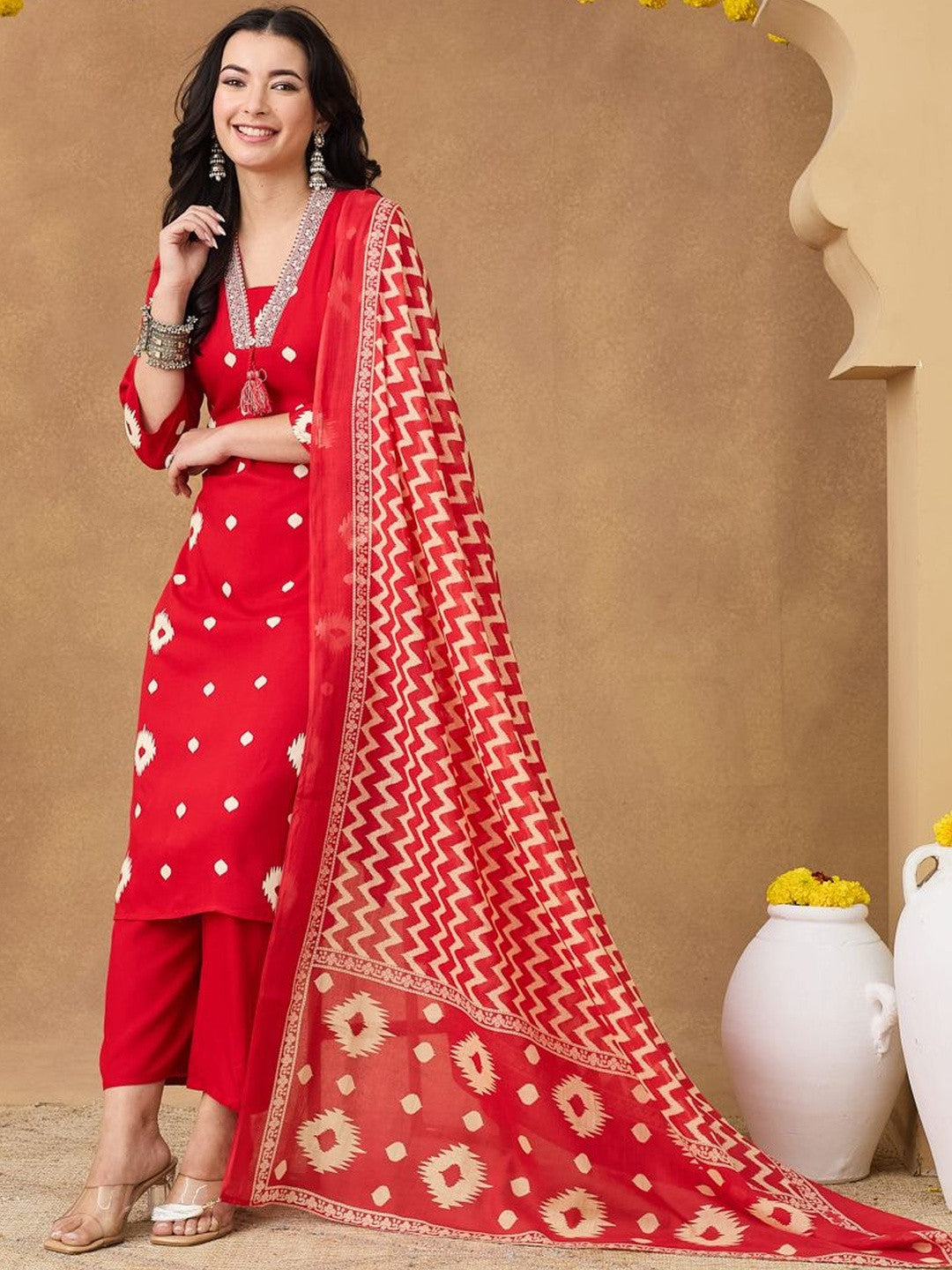 Women Ethnic Ikat Print Embroided Neck Kurta Set With Tasseled Dupatta