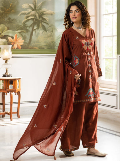 Embroidered Pure Cotton V-Neck Kurta Trousers & Dupatta