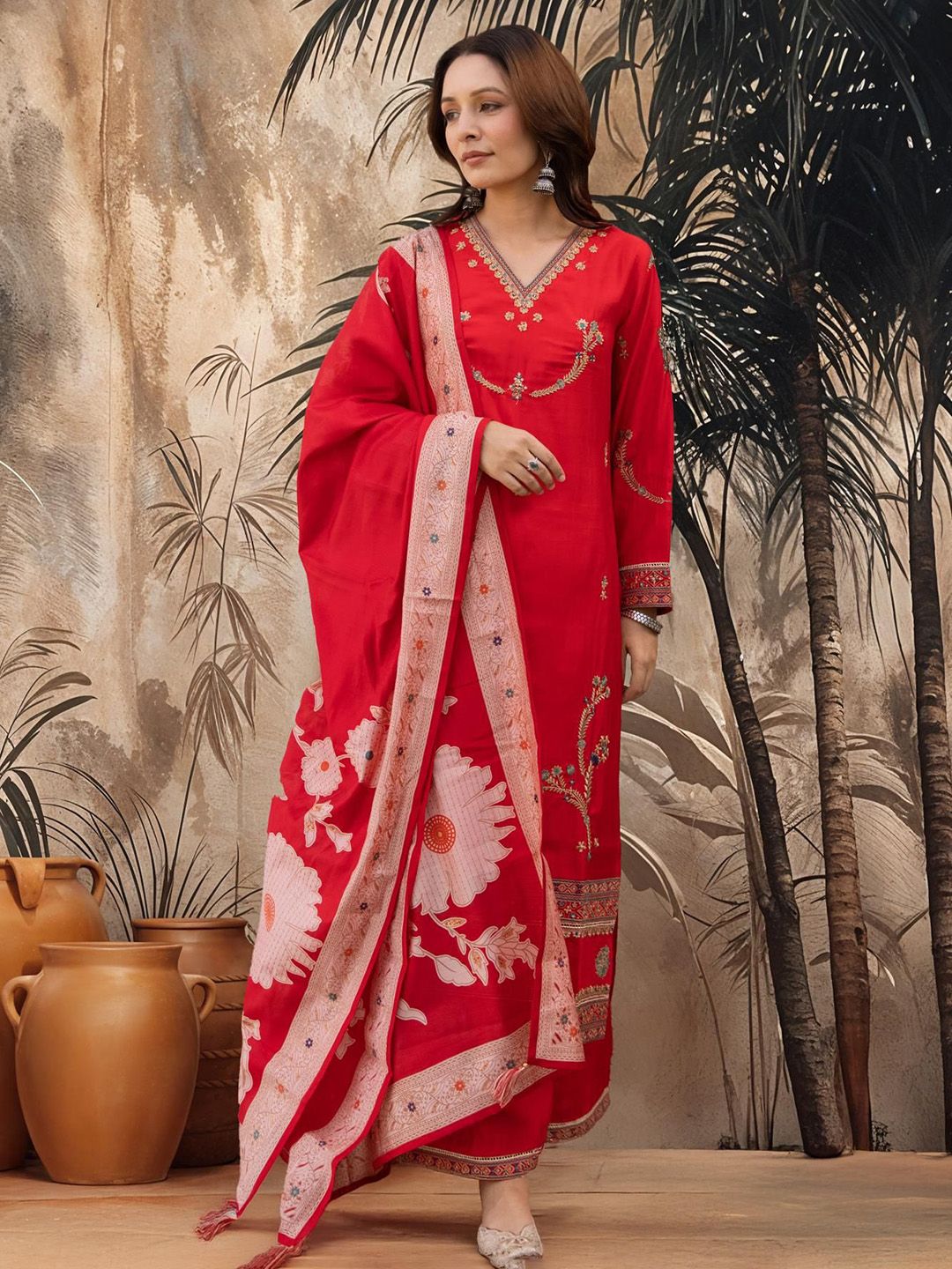 Dhiyona SN Embroidered Straight Kurta With Palazzos & Dupatta