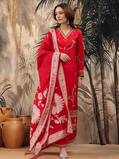 Dhiyona SN Embroidered Straight Kurta With Palazzos & Dupatta