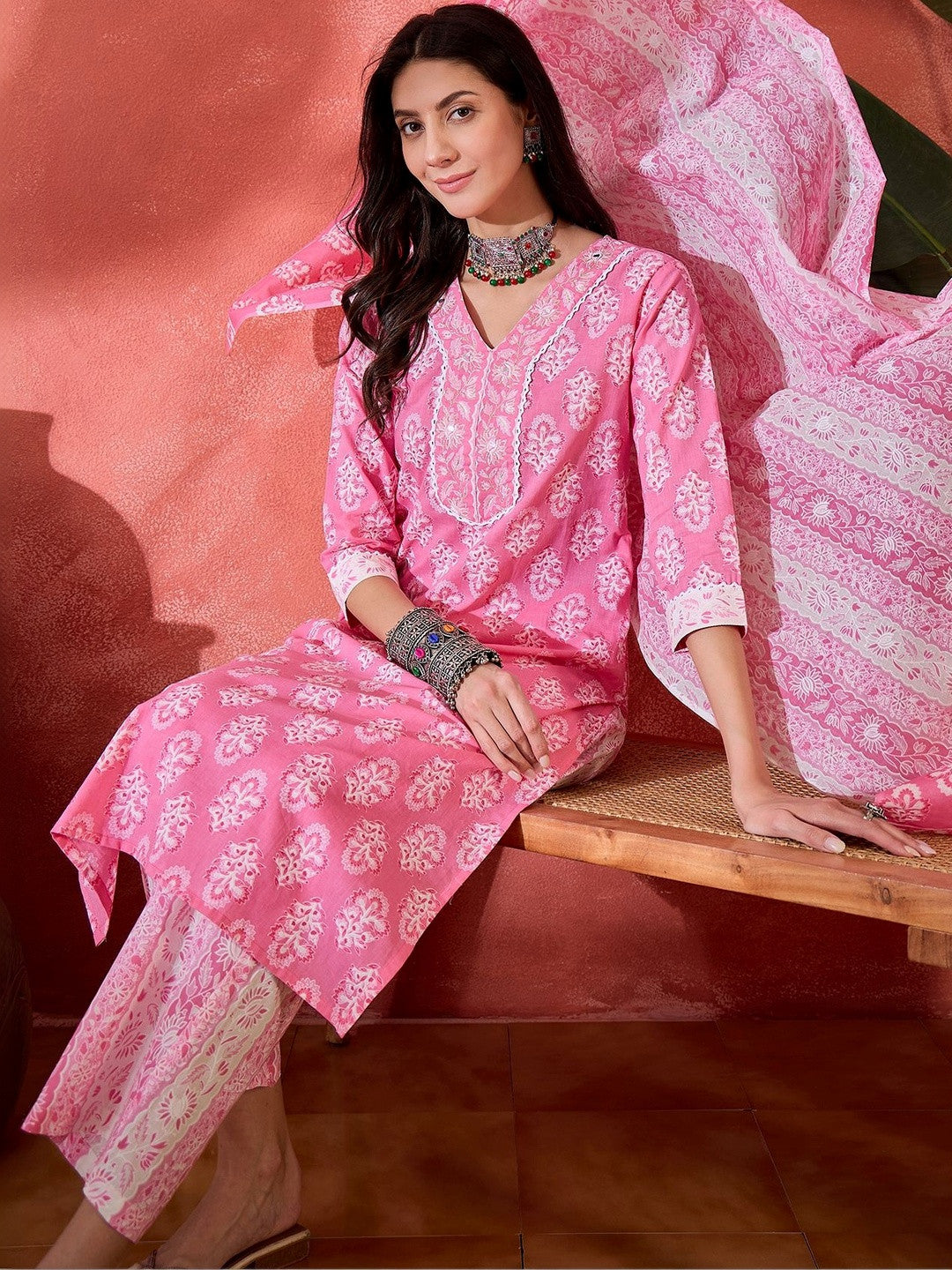 Printed Pure Cotton V-Neck Kurta Sets