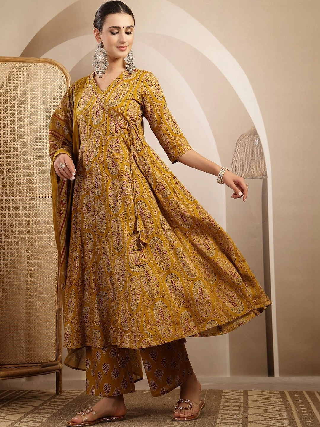 Women Ethnic Motifs Printed Angrakha Kurta with Trousers & With Dupatta