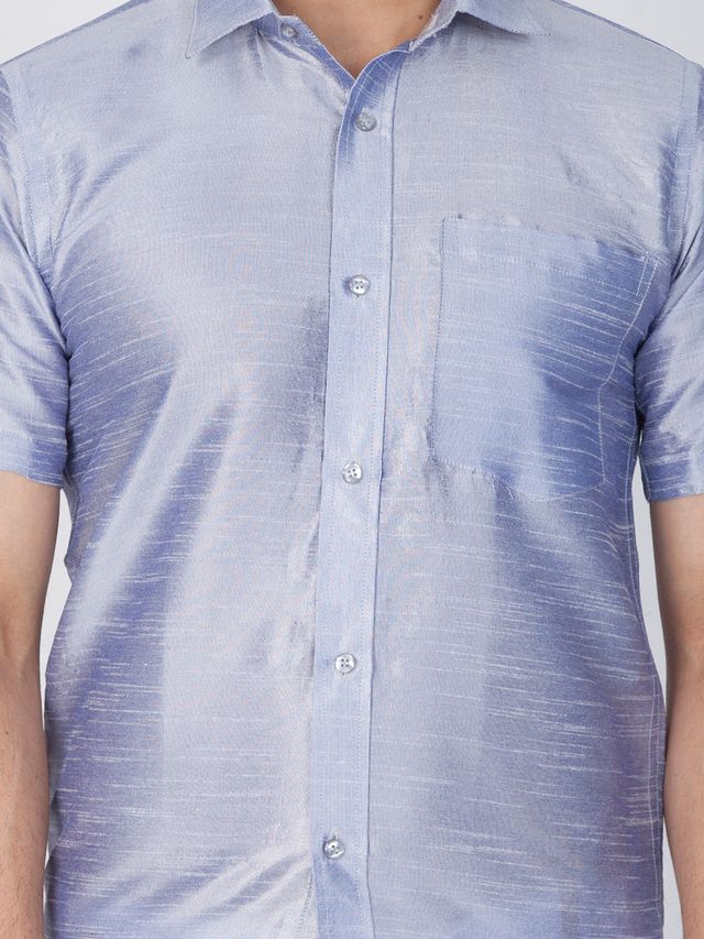 Men's Light Blue Silk Blend Straight Ethnic Shirt