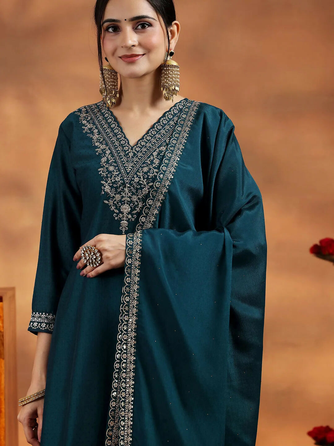 Women's LB Teal Yoke Design Silk Blend Straight Suit With Dupatta