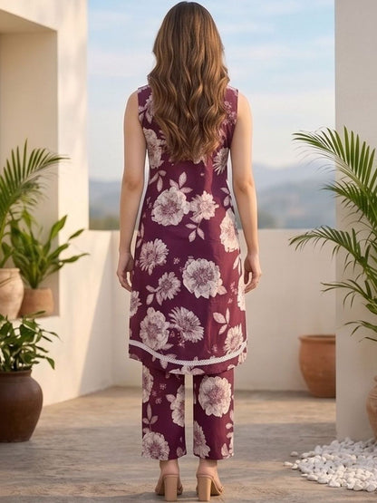 Maroon Women Floral Printed Regular Pure Cotton Kurta with Trousers