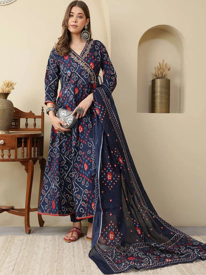 Women Printed Angrakha Thread Work Pure Cotton Kurta with Trousers & With Dupatta