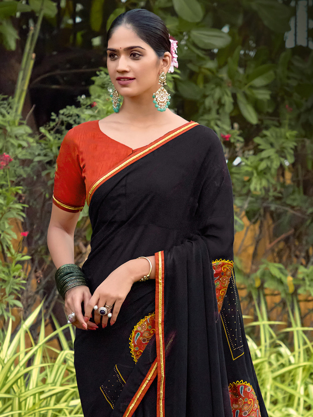 Women's Georgette Black Embellished Ready to Wear With Blouse Piece