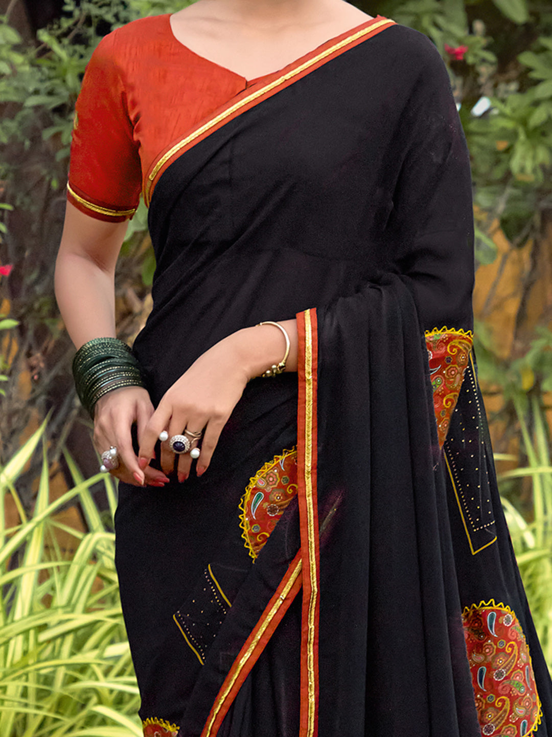 Women's Georgette Black Embellished Ready to Wear With Blouse Piece