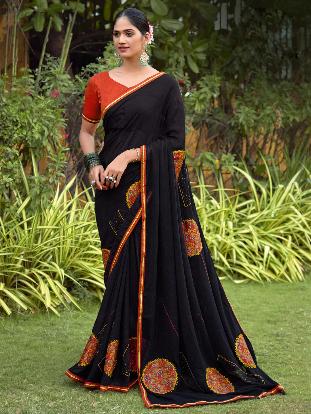 Women's Georgette Black Embellished Ready to Wear With Blouse Piece