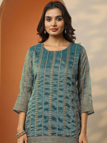 Dhiyona LL Ethnic Motifs Embroidered Thread Work Kurta with Palazzos & Dupatta