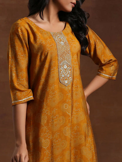 Women's LB Mustard Printed Silk Blend Straight Suit With Dupatta