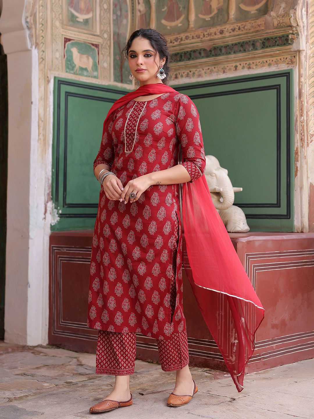 Dhiyona RR Women's Ethnic Motifs Printed Regular Pure Cotton Kurta with Trousers & With Dupatta