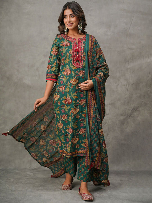 Dhiyona KL Women Embroidered Thread Work Pure Cotton Kurta with Trousers & With Dupatta