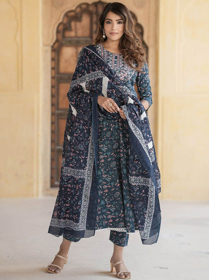 Dhiyona KL Women Floral Embroidered Regular Thread Work Pure Cotton Kurta with Trousers & With Dupatta