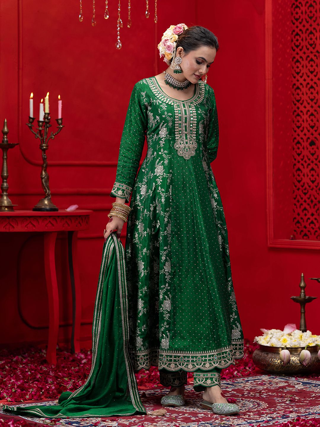 Dhiyona CH Women Ethnic Motifs Embroidered Pleated Kurta with Trousers & Dupatta