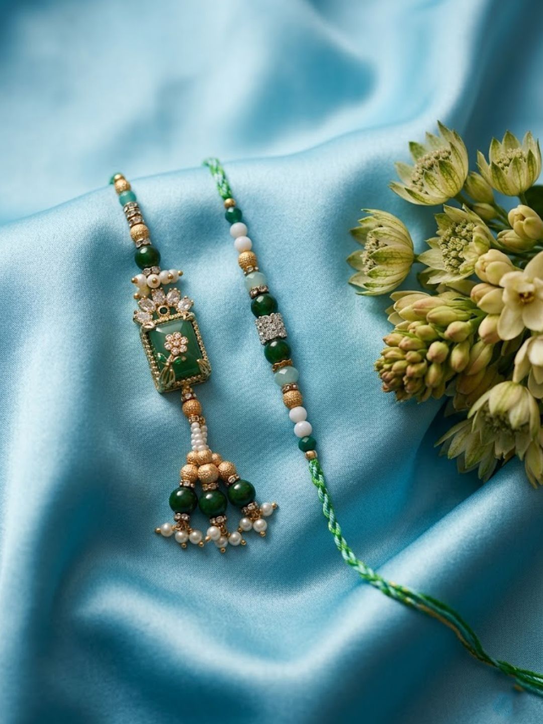 Dhiyona Set Of 2 Green Artificial Beads Traditional Bhaiya Bhabhi Rakhi With Roli Chawal