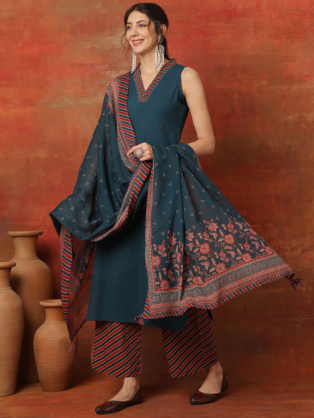 Women V-Neck A-Line Calf Length Kurta & Palazzos With Dupatta