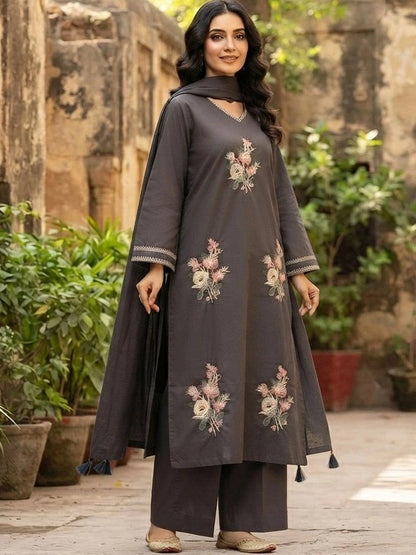 Women Floral Embroidered Regular Thread Work Pure Cotton Kurta with Palazzos & With Dupatta