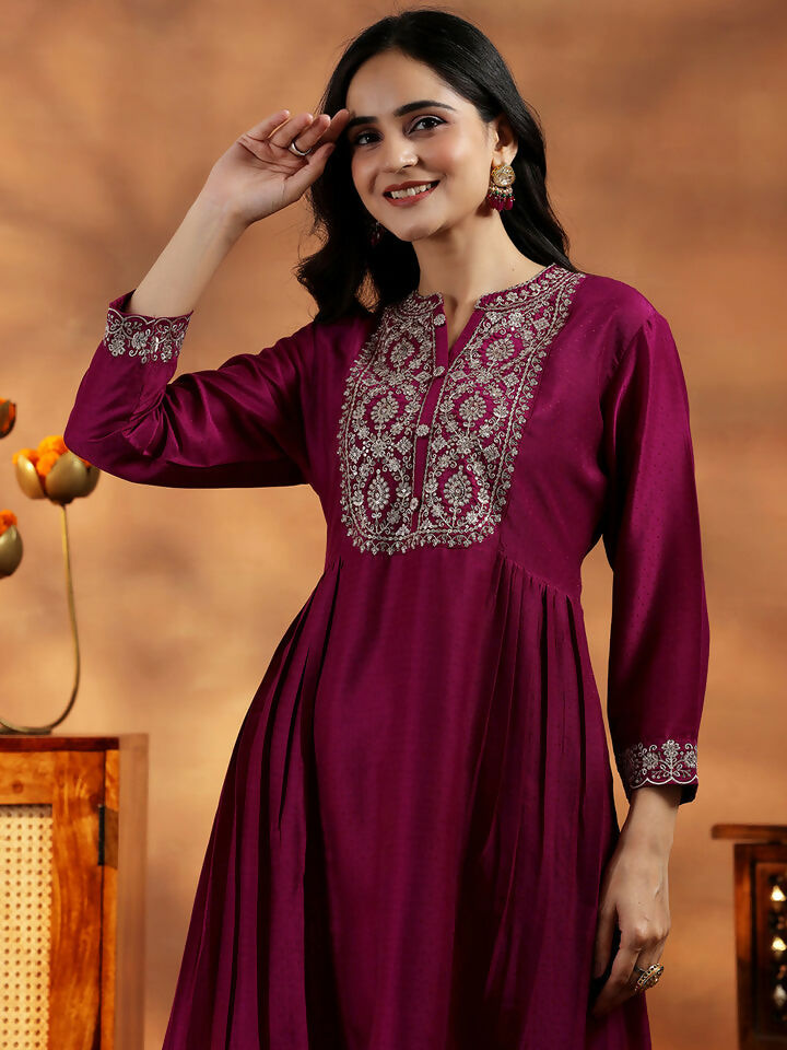 Women's LB Maroon Yoke Design Silk Blend A-Line Kurta With Palazzos & Dupatta