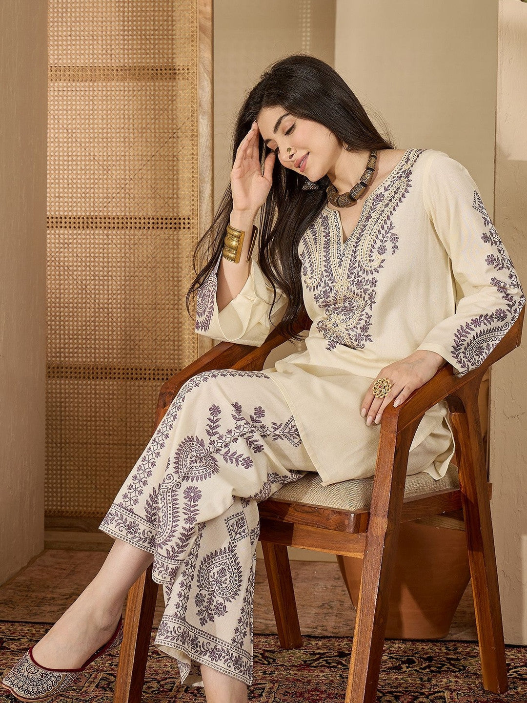 Paisley Yoke Design Flared Sleeves Jacquard Pashmina Wool Kurti With Palazzos