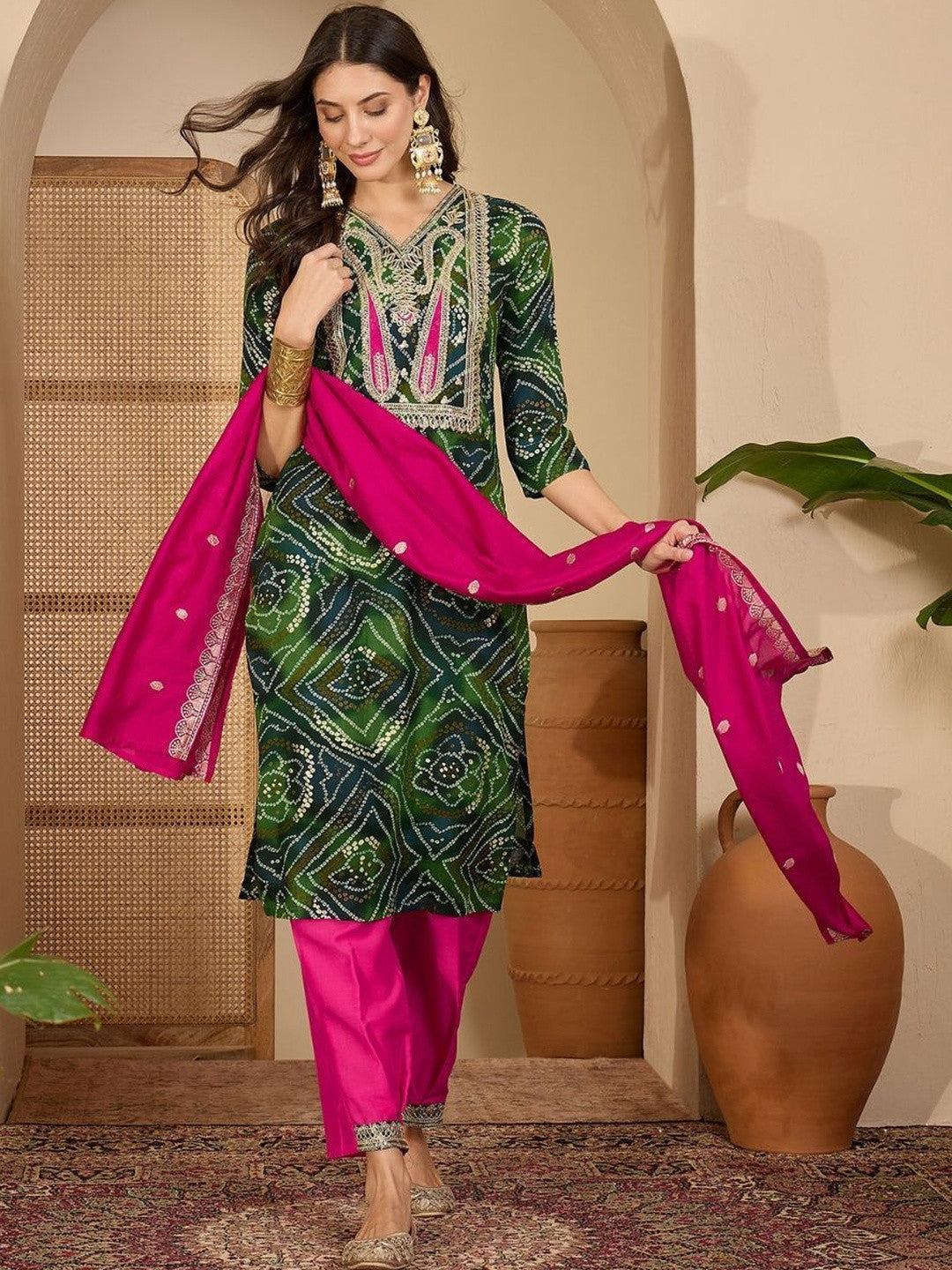 Bandhani Printed V-Neck Thread Work Kurta With Patiala & Dupatta