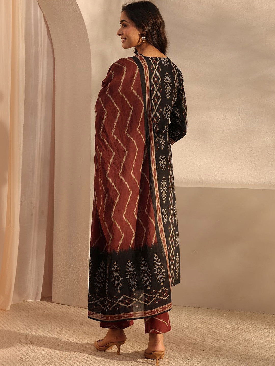 Black Ethnic Printed Cotton Straight Suit Set with Dupatta
