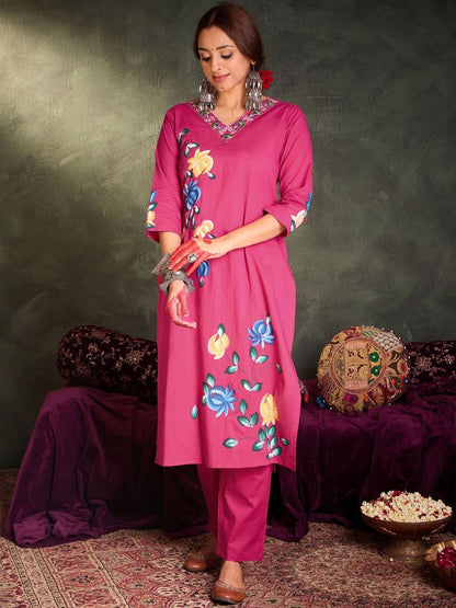 Women Floral Printed Cotton A-Line Kurta with Trousers & Dupatta