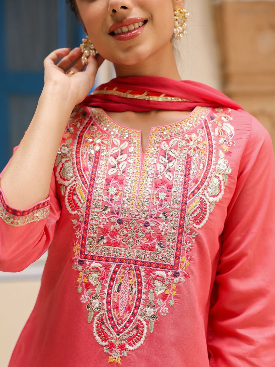 Dhiyona SC Women Coral Chanderi Silk Embroidered Kurta with Sharara & With Dupatta